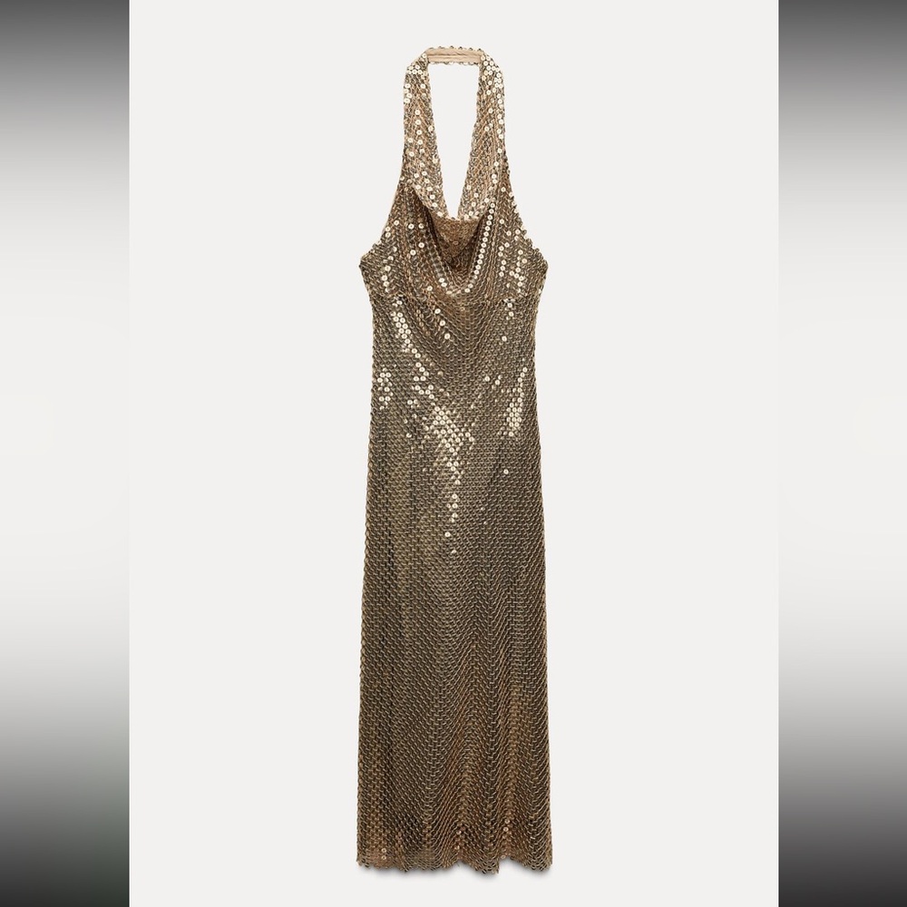 Elegant Gold Sequin Halter Dress new zara collection